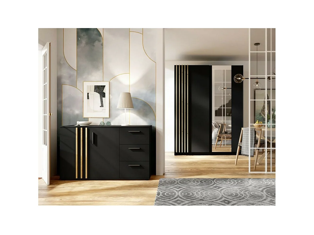 Kommode VARIA - 2 Türen und 3 Schubladen - Modernes Design in Schwarz und Handwerker-Eiche