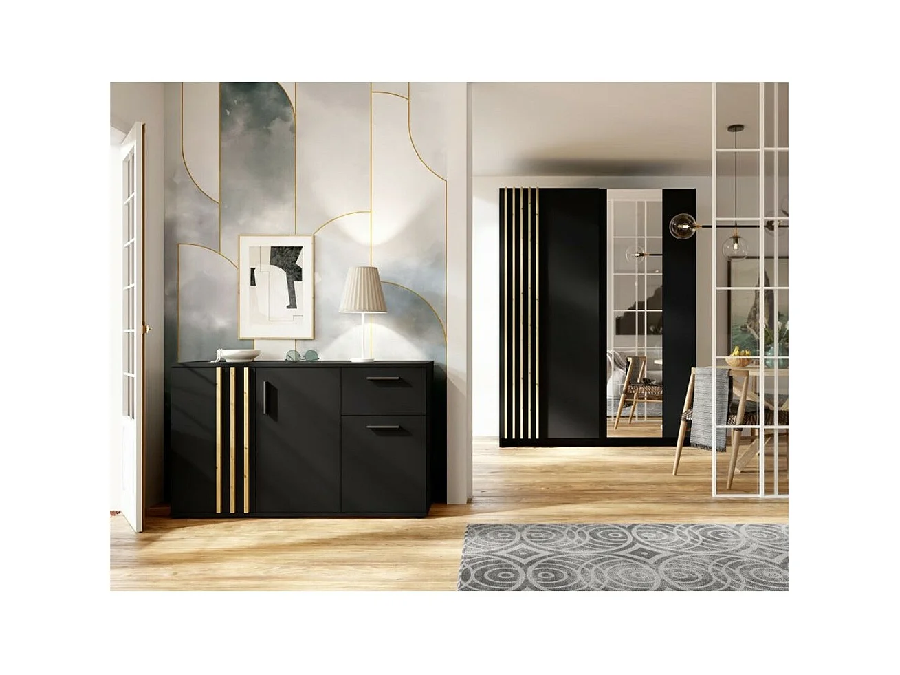 Kommode VARIA - 3 Türen und 1 Schublade - Modernes Design in Schwarz und Eichenholz Artisan