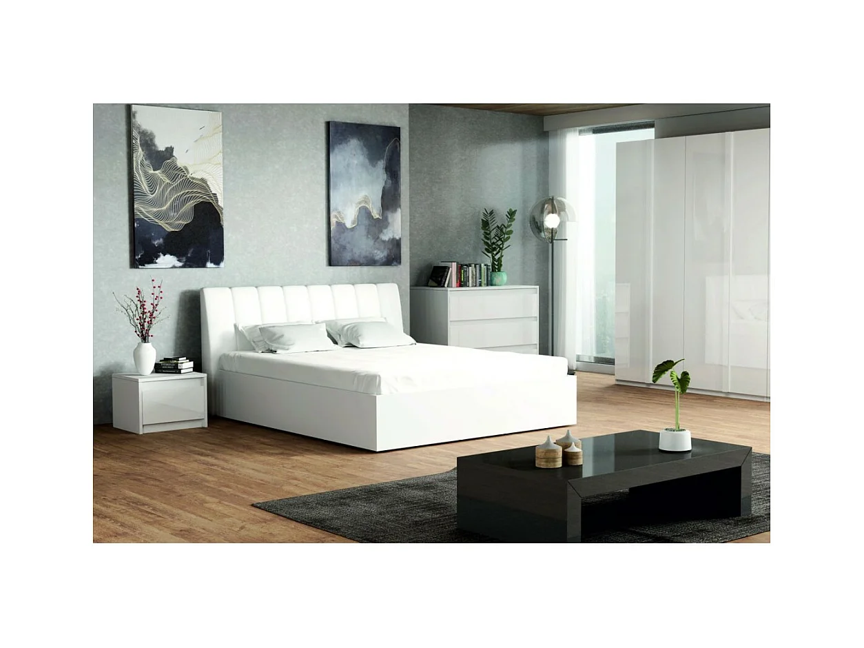 Ensemble chambre VERONA : Lit 160 cm, commode 3 tiroirs, tables de chevet, armoire 4 portes, blanc brillant