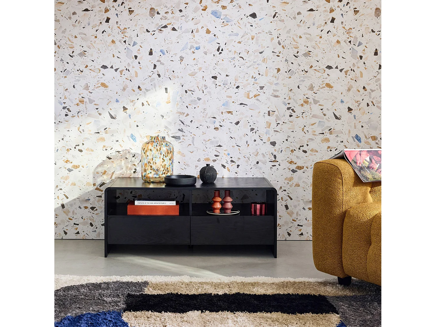 Mueble tv decorado de madera redondeada 2 cajones 110cm negro