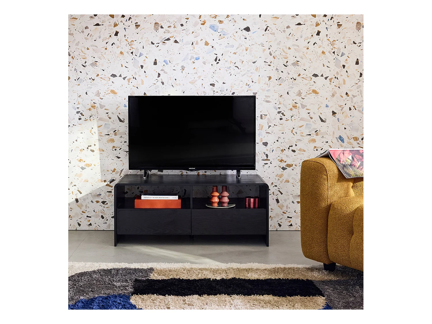 Mueble tv decorado de madera redondeada 2 cajones 110cm negro