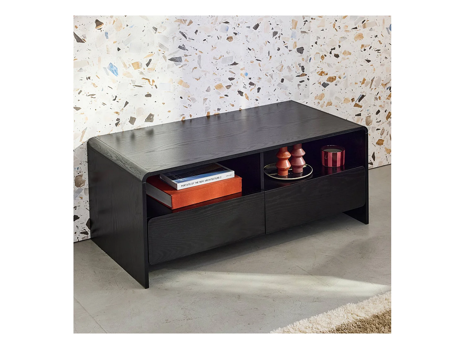 Mueble tv decorado de madera redondeada 2 cajones 110cm negro