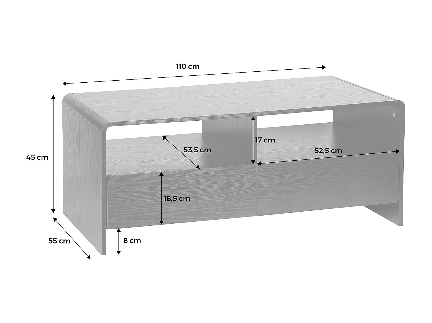 Mueble tv decorado de madera redondeada 2 cajones 110cm negro