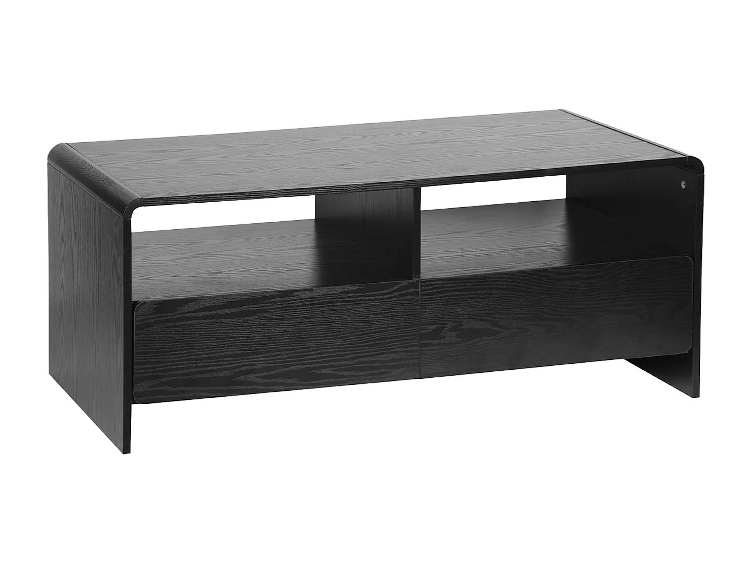 Meuble TV 2 tiroirs 2 étagères effet bois noir arrondi