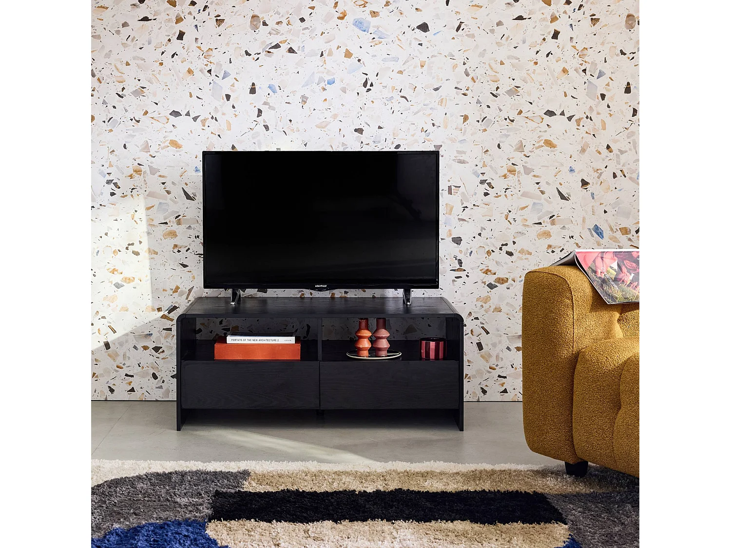 Meuble TV 2 tiroirs 2 étagères effet bois noir arrondi