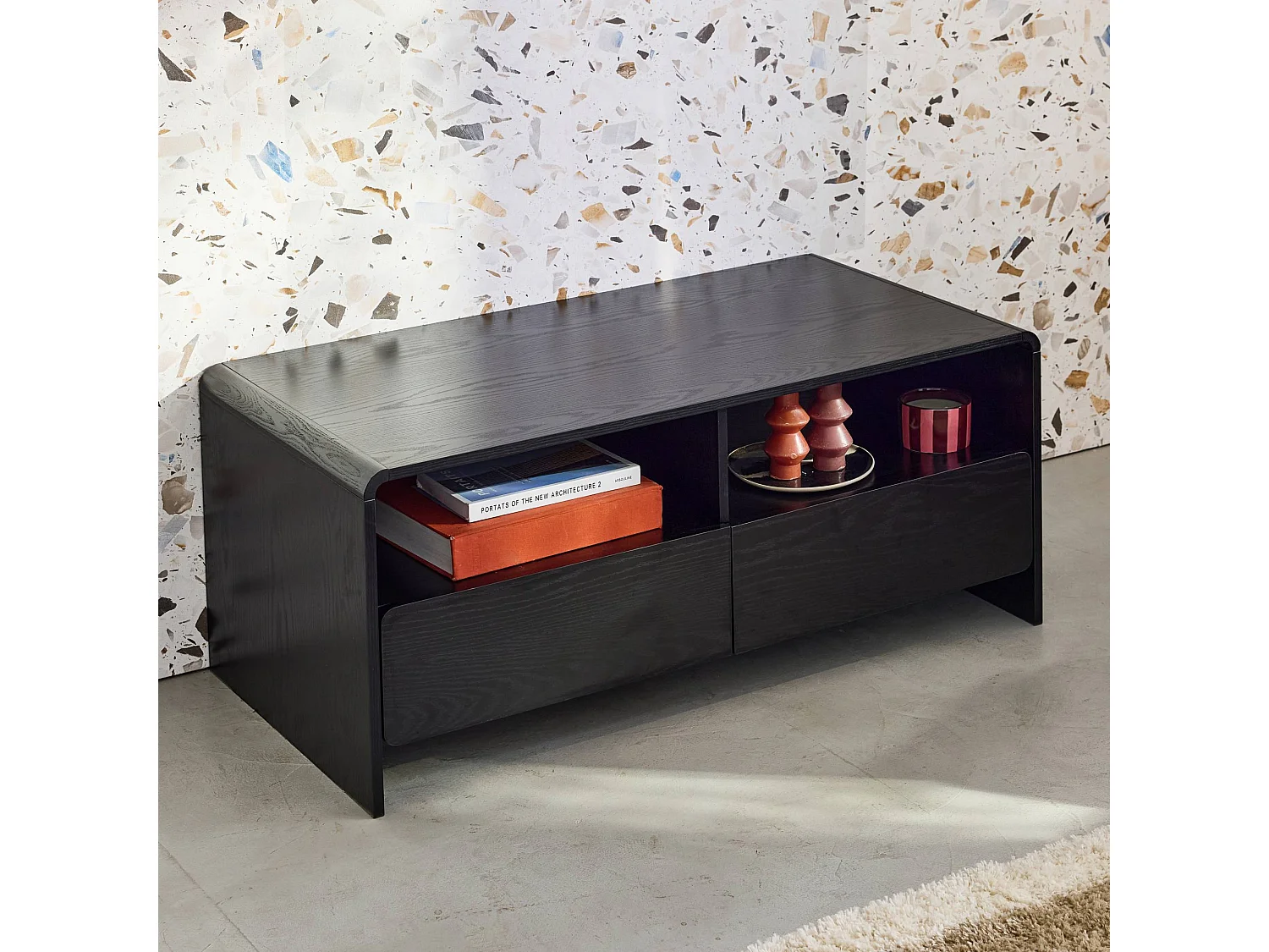 Meuble TV 2 tiroirs 2 étagères effet bois noir arrondi