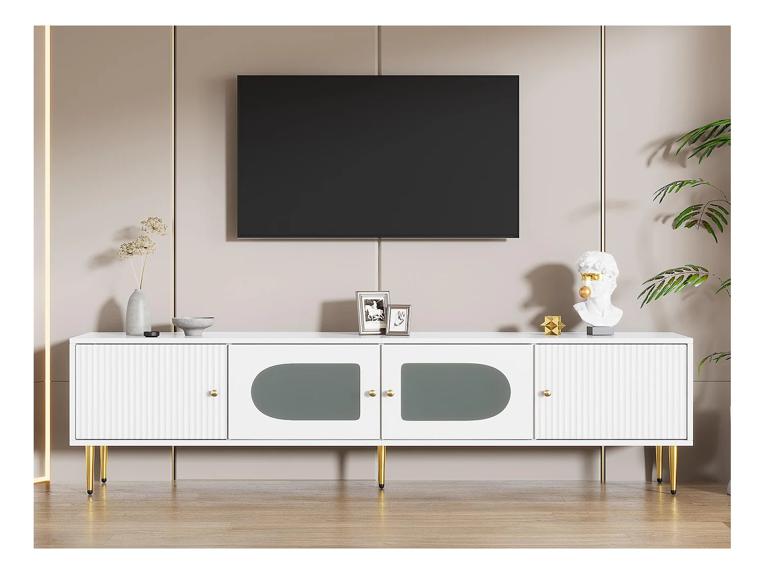 Meuble TV moderne 170cm - adapté pour TV 70"-79" - avec 4 portes - Blanc