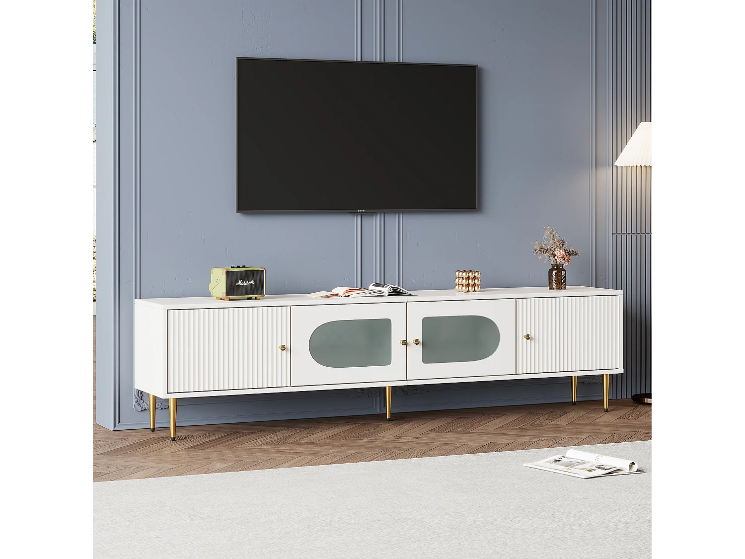 Meuble TV moderne 170cm - adapté pour TV 70"-79" - avec 4 portes - Blanc