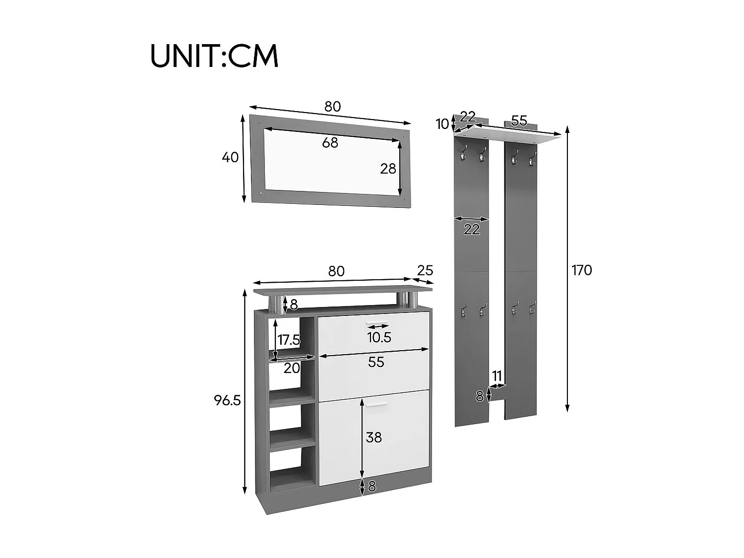 Entreemeubelset - 1 spiegel + 2 wandpanelen + 1 schoenenkast - Grijs