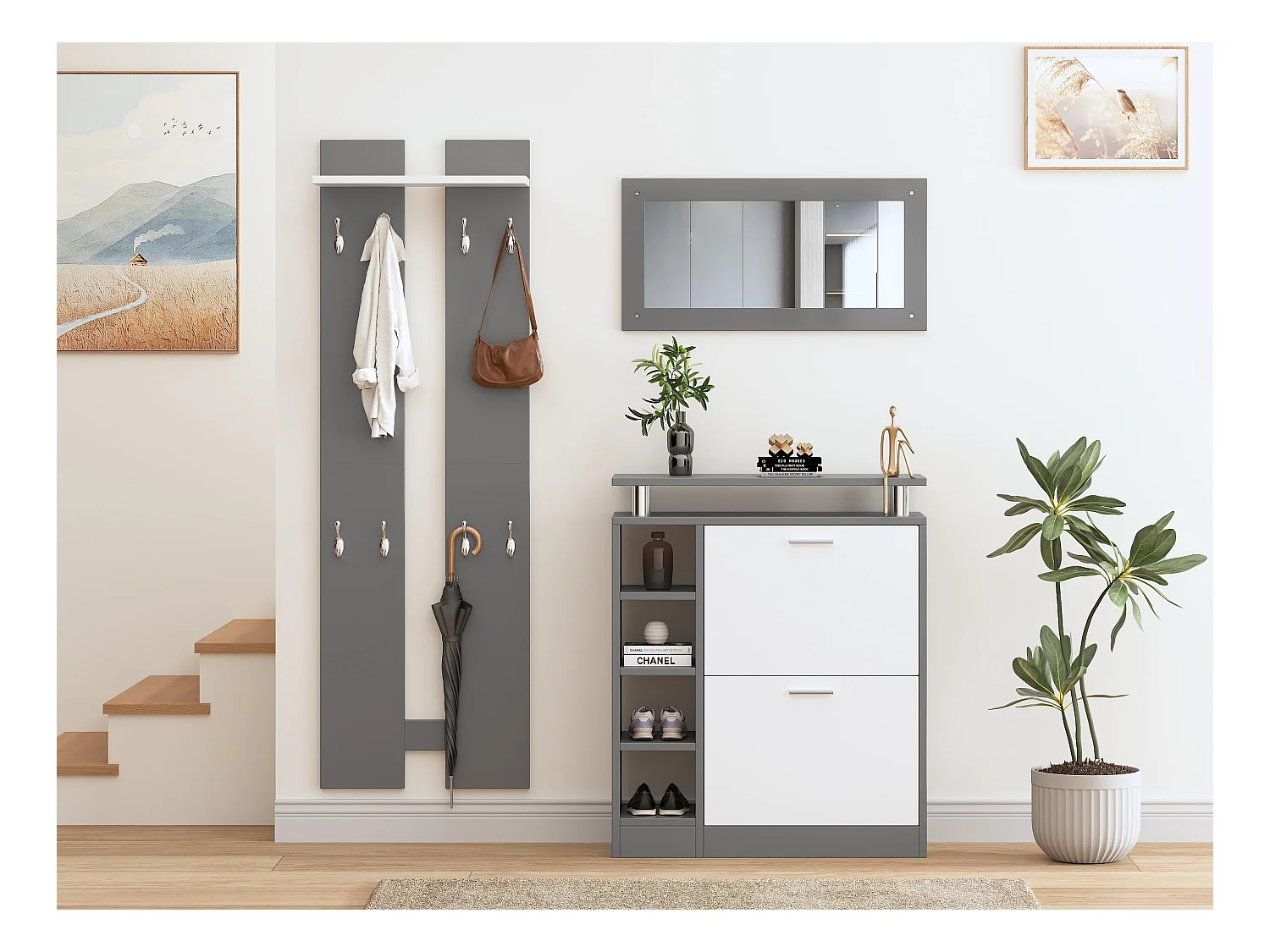 Ensemble Meuble d'entrée - 1 miroir + 2 panneaux muraux + 1 meuble à chaussures - Gris