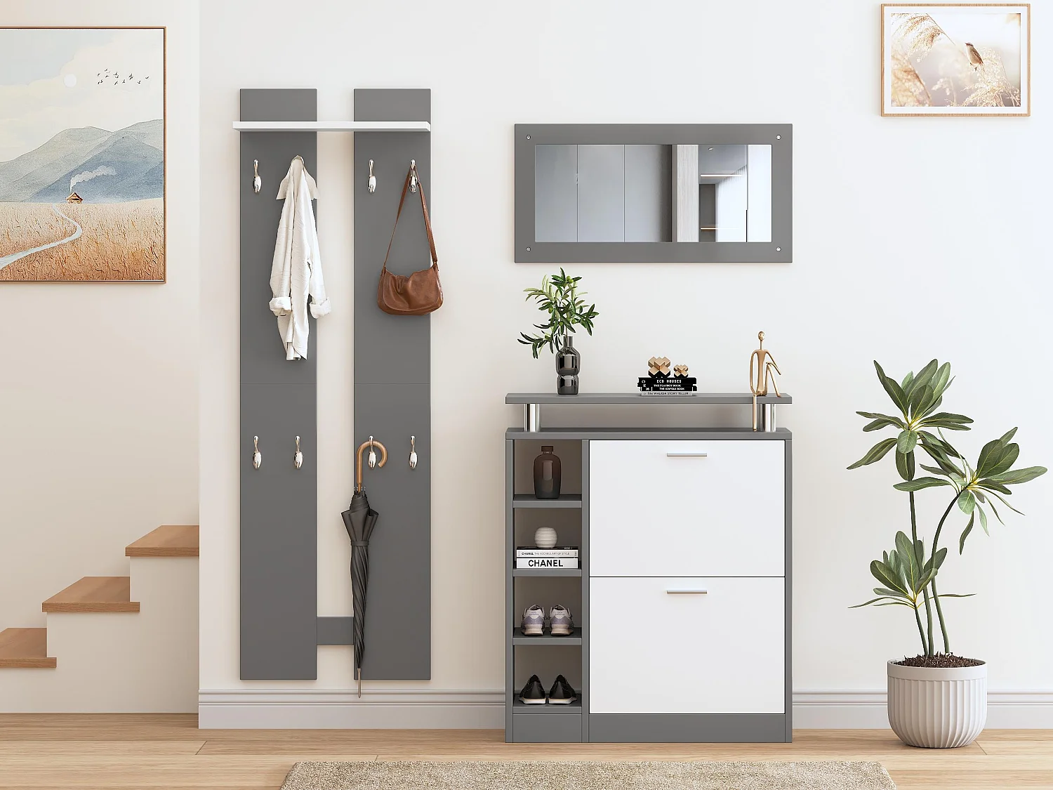 Eingangsmöbel-Set – 1 Spiegel + 2 Wandpaneele + 1 Schuhschrank – Grau