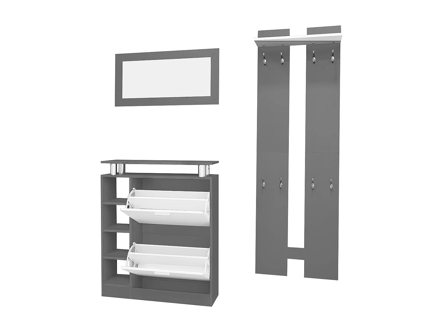 Eingangsmöbel-Set – 1 Spiegel + 2 Wandpaneele + 1 Schuhschrank – Grau