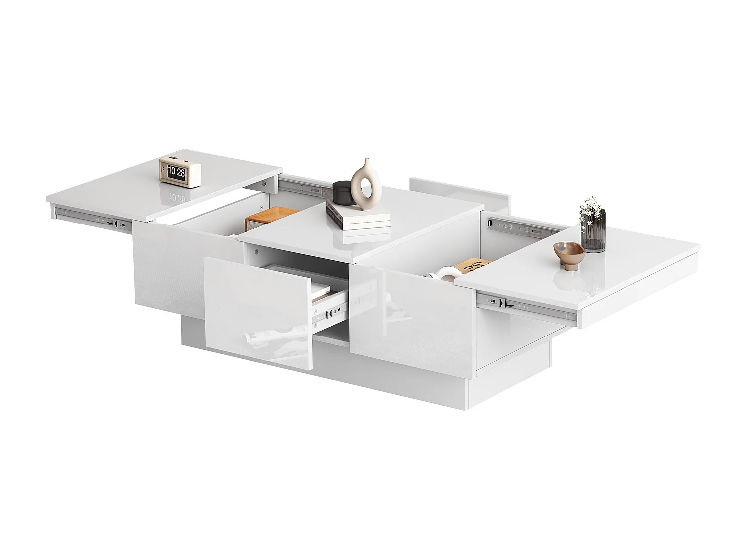 Table basse aspect brillant - 2 tiroirs + 2 compartiments cachés - Blanc