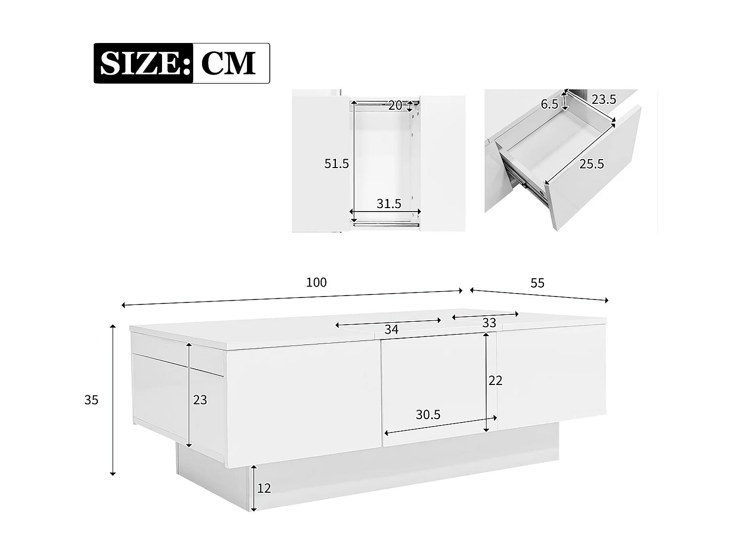 Table basse aspect brillant - 2 tiroirs + 2 compartiments cachés - Blanc