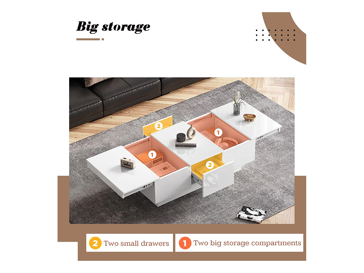 Salontafel met glanzende look - 2 laden + 2 verborgen vakken - Wit