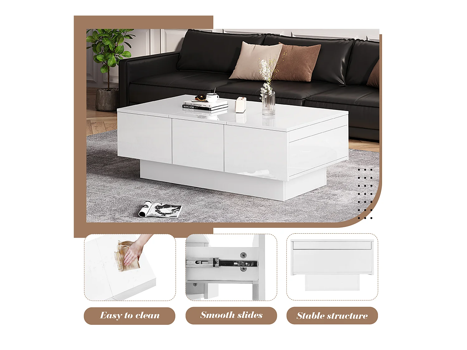 Salontafel met glanzende look - 2 laden + 2 verborgen vakken - Wit