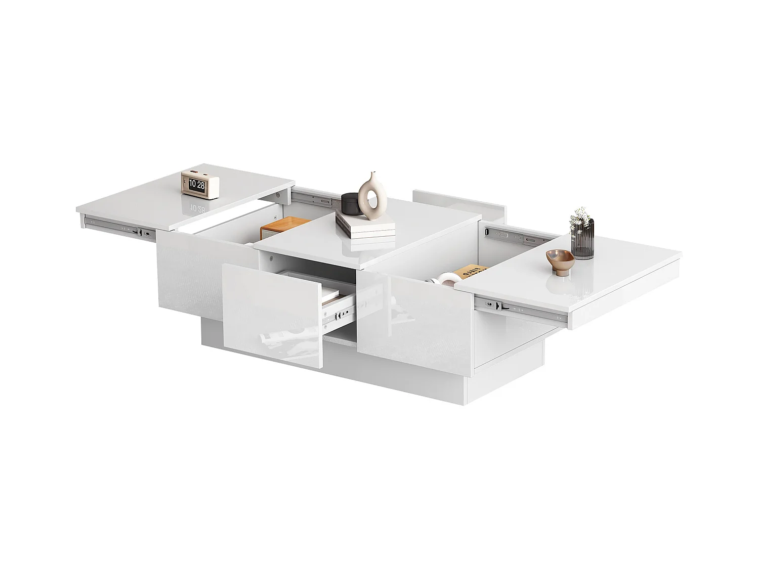 Salontafel met glanzende look - 2 laden + 2 verborgen vakken - Wit
