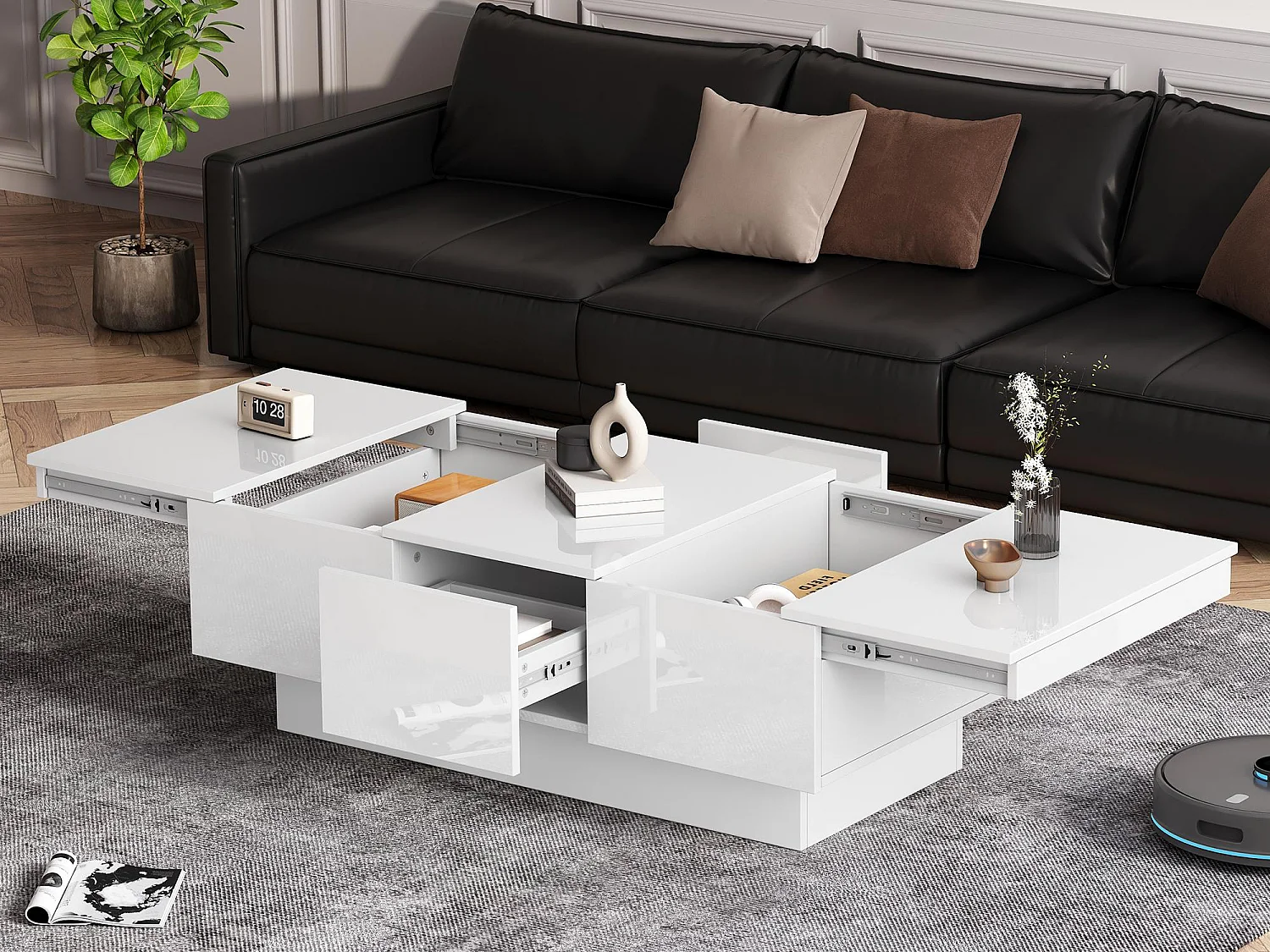 Table basse aspect brillant - 2 tiroirs + 2 compartiments cachés - Blanc