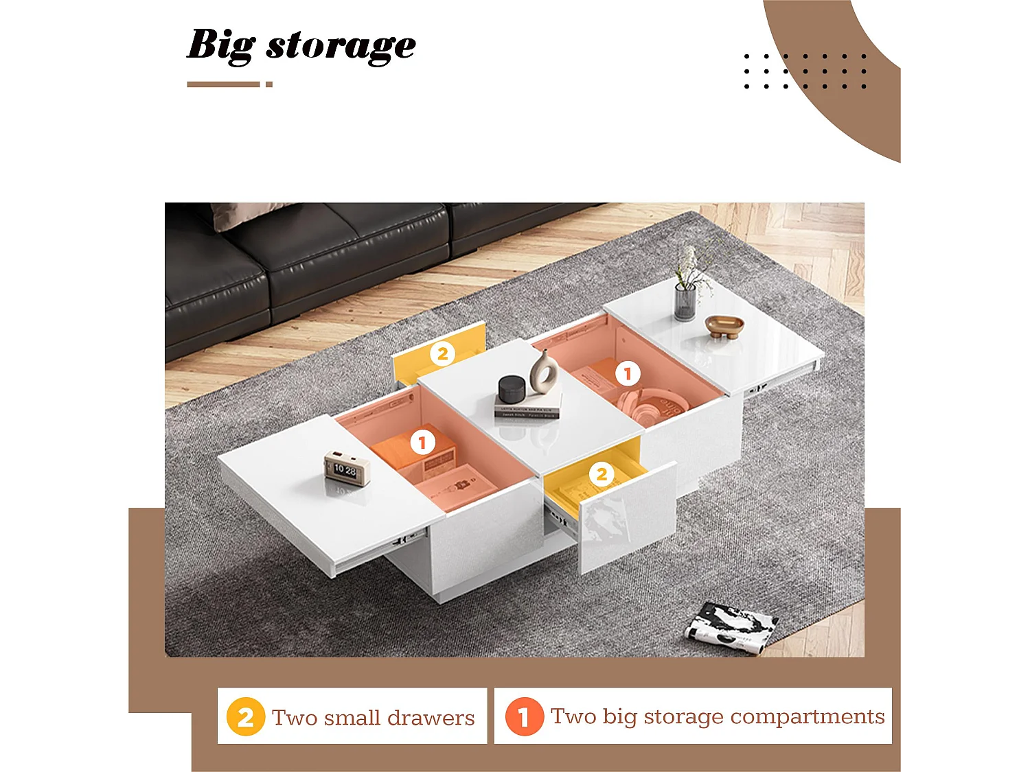 Table basse aspect brillant - 2 tiroirs + 2 compartiments cachés - Blanc