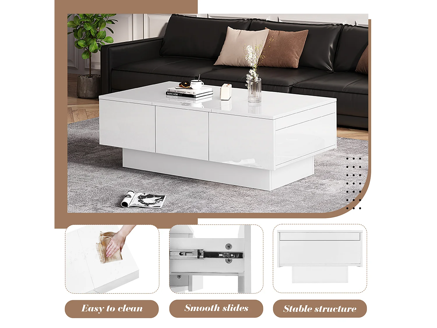 Table basse aspect brillant - 2 tiroirs + 2 compartiments cachés - Blanc
