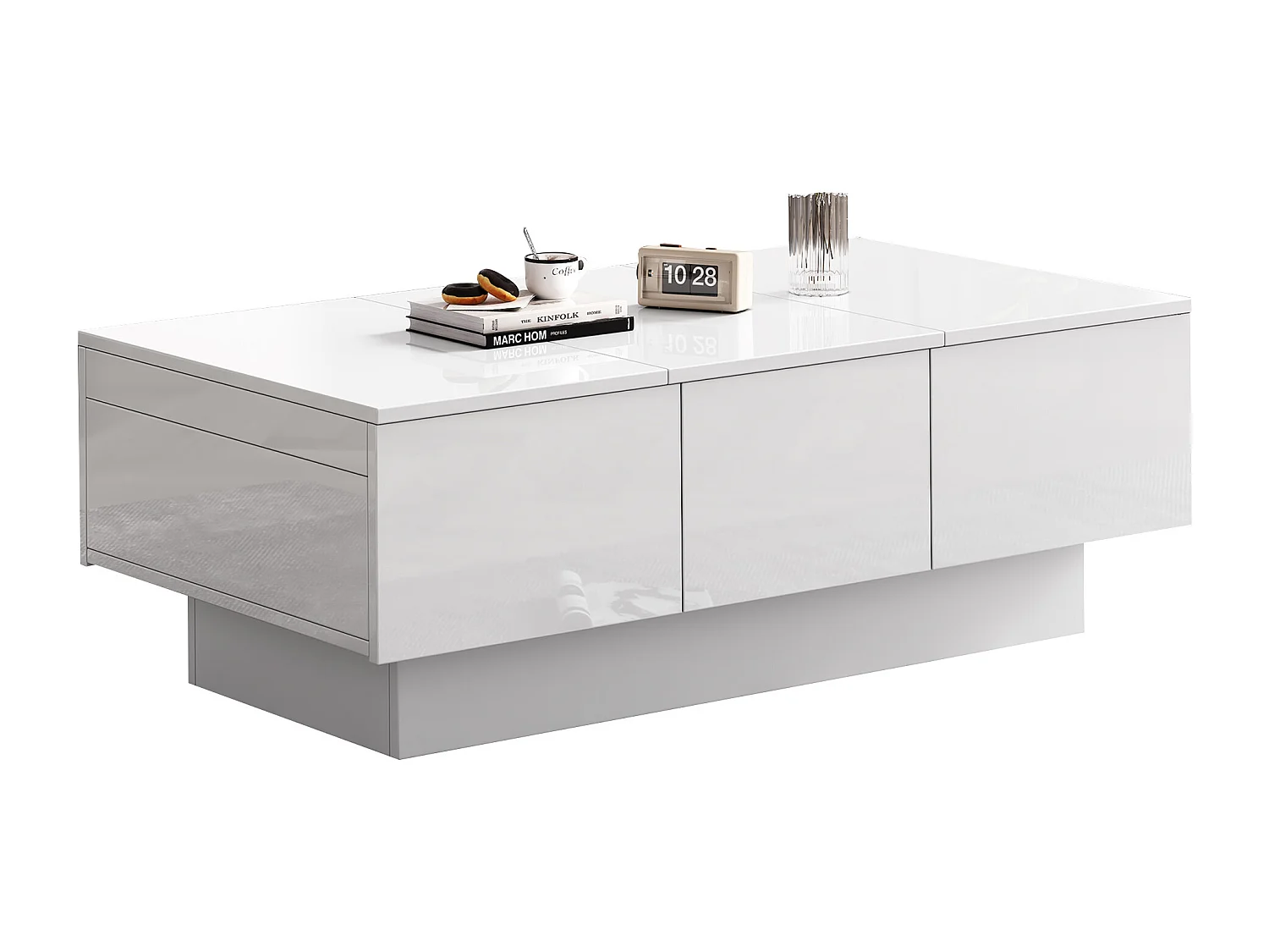Table basse aspect brillant - 2 tiroirs + 2 compartiments cachés - Blanc