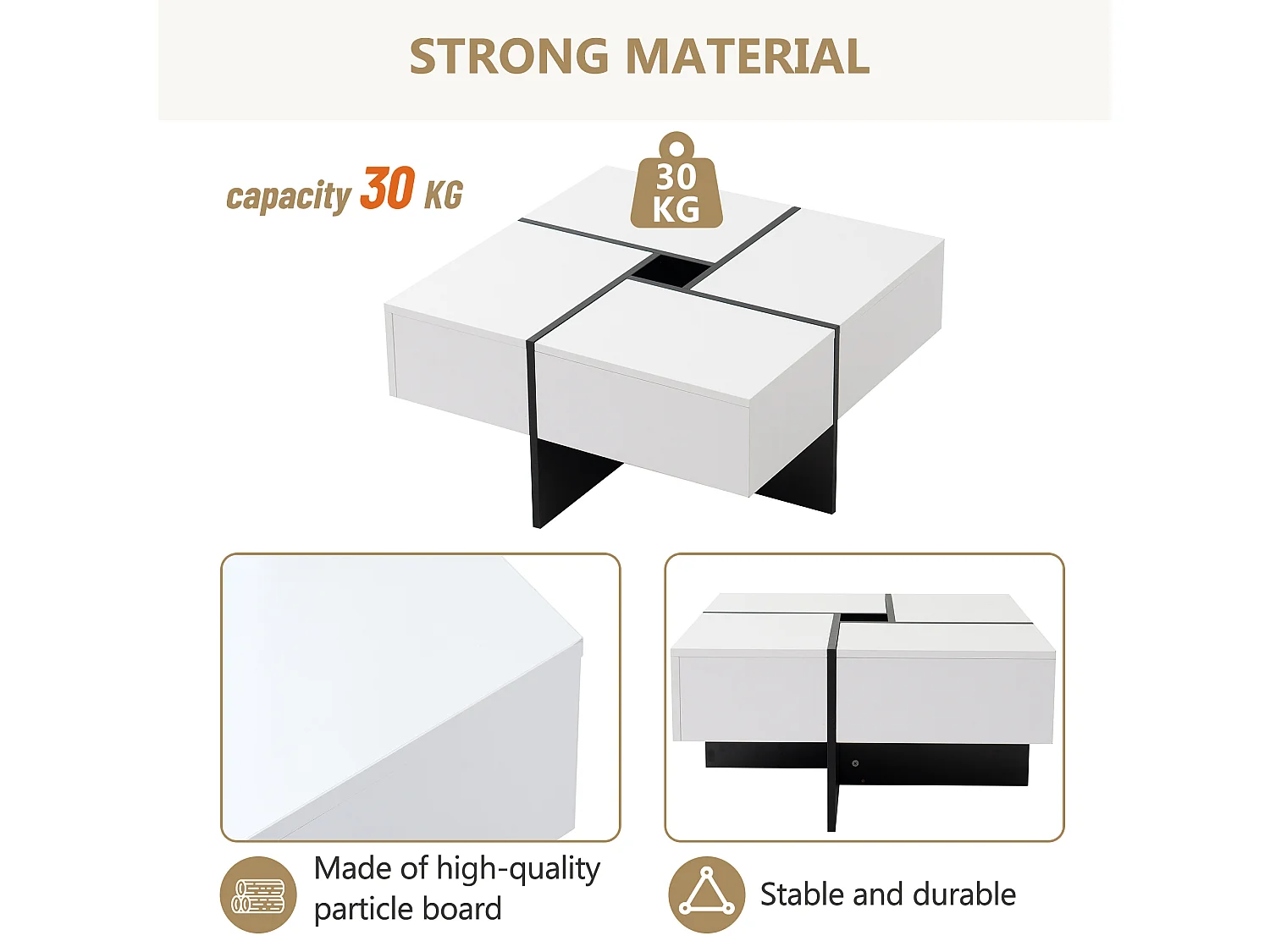 Vierkante salontafel - 4 lades - spaanplaat - Wit
