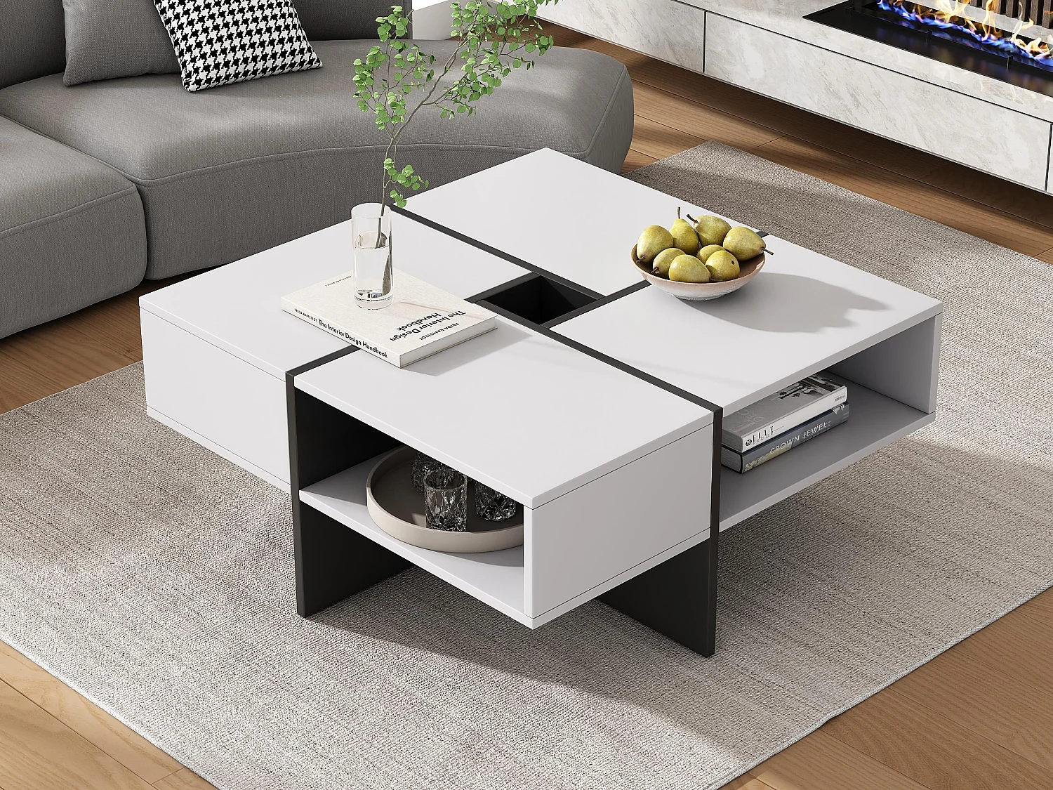 Table basse carré - 5 compartiments de rangement - Blanc