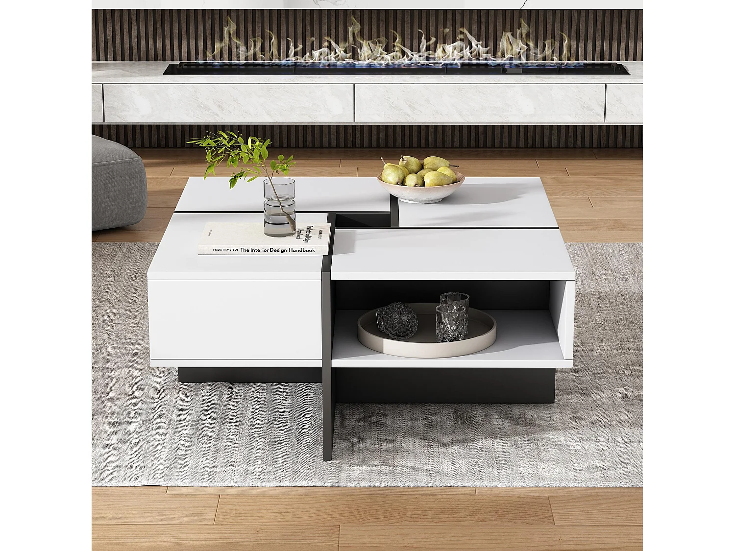 Table basse carré - 5 compartiments de rangement - Blanc