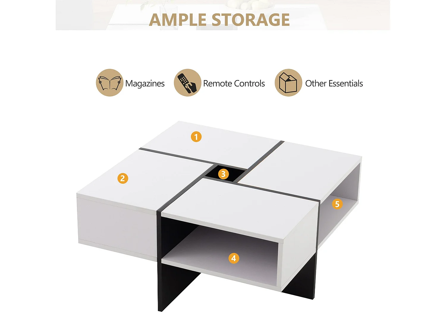 Table basse carré - 5 compartiments de rangement - Blanc
