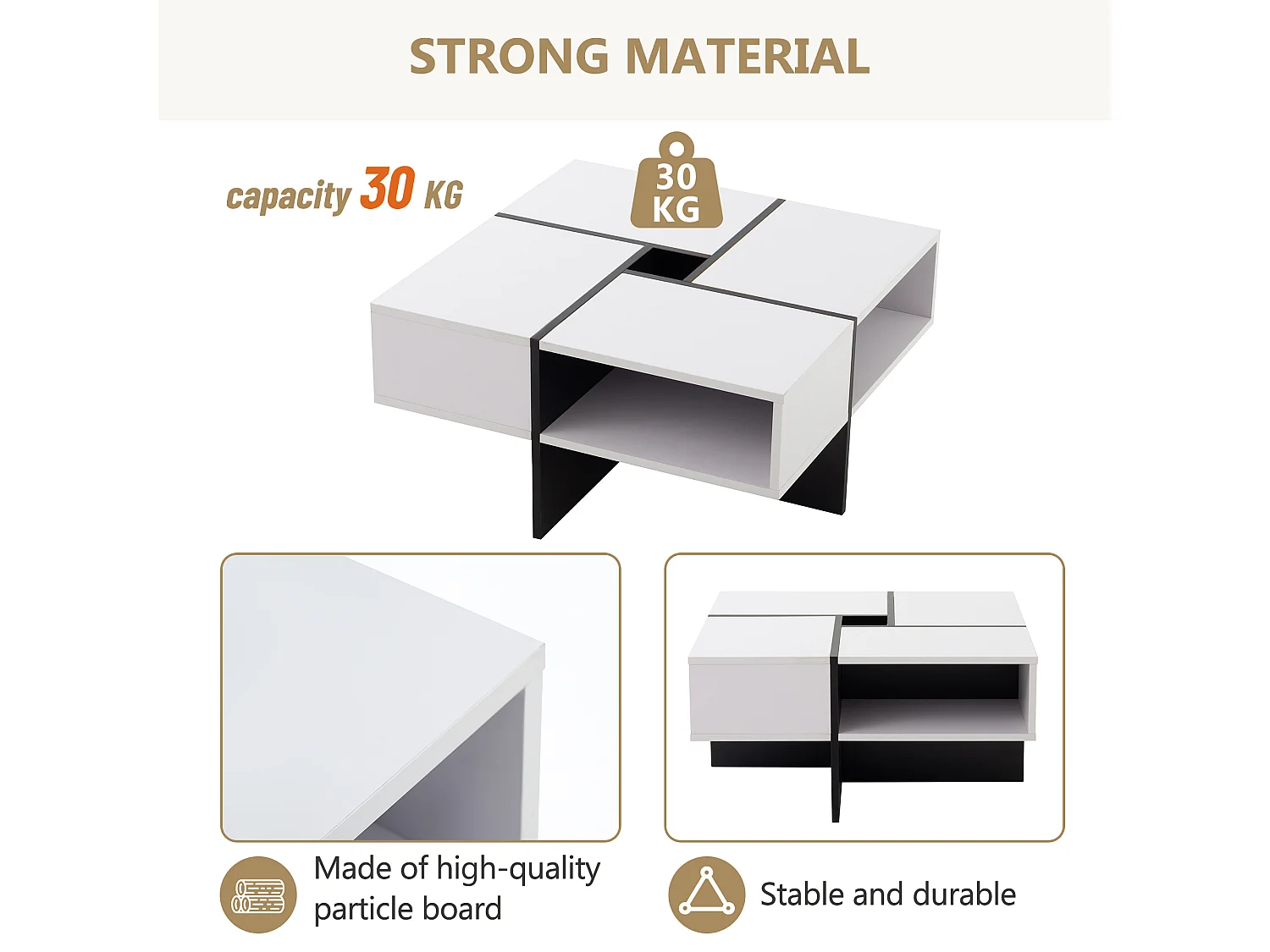 Table basse carré - 5 compartiments de rangement - Blanc