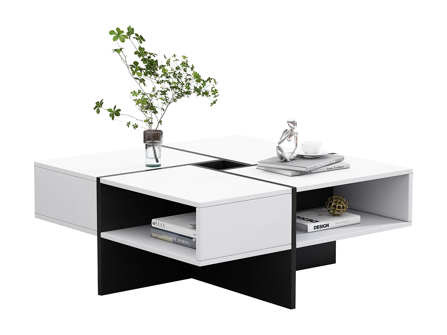 Table basse carré - 5 compartiments de rangement - Blanc