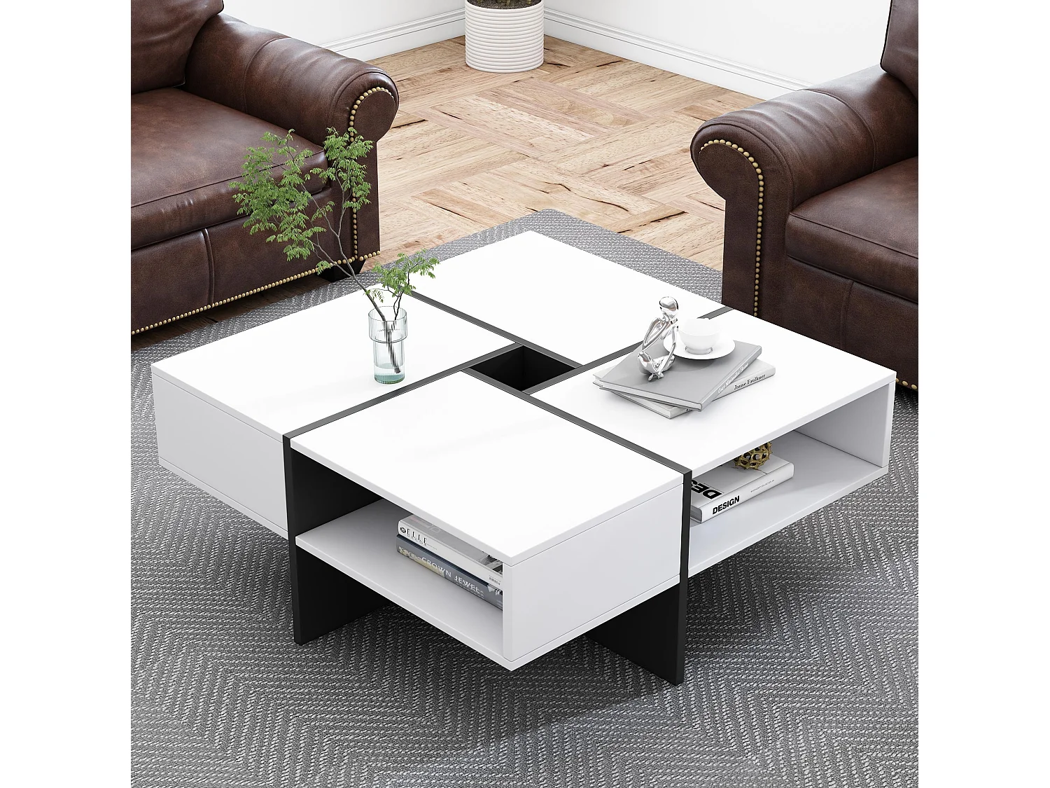 Table basse carré - 5 compartiments de rangement - Blanc