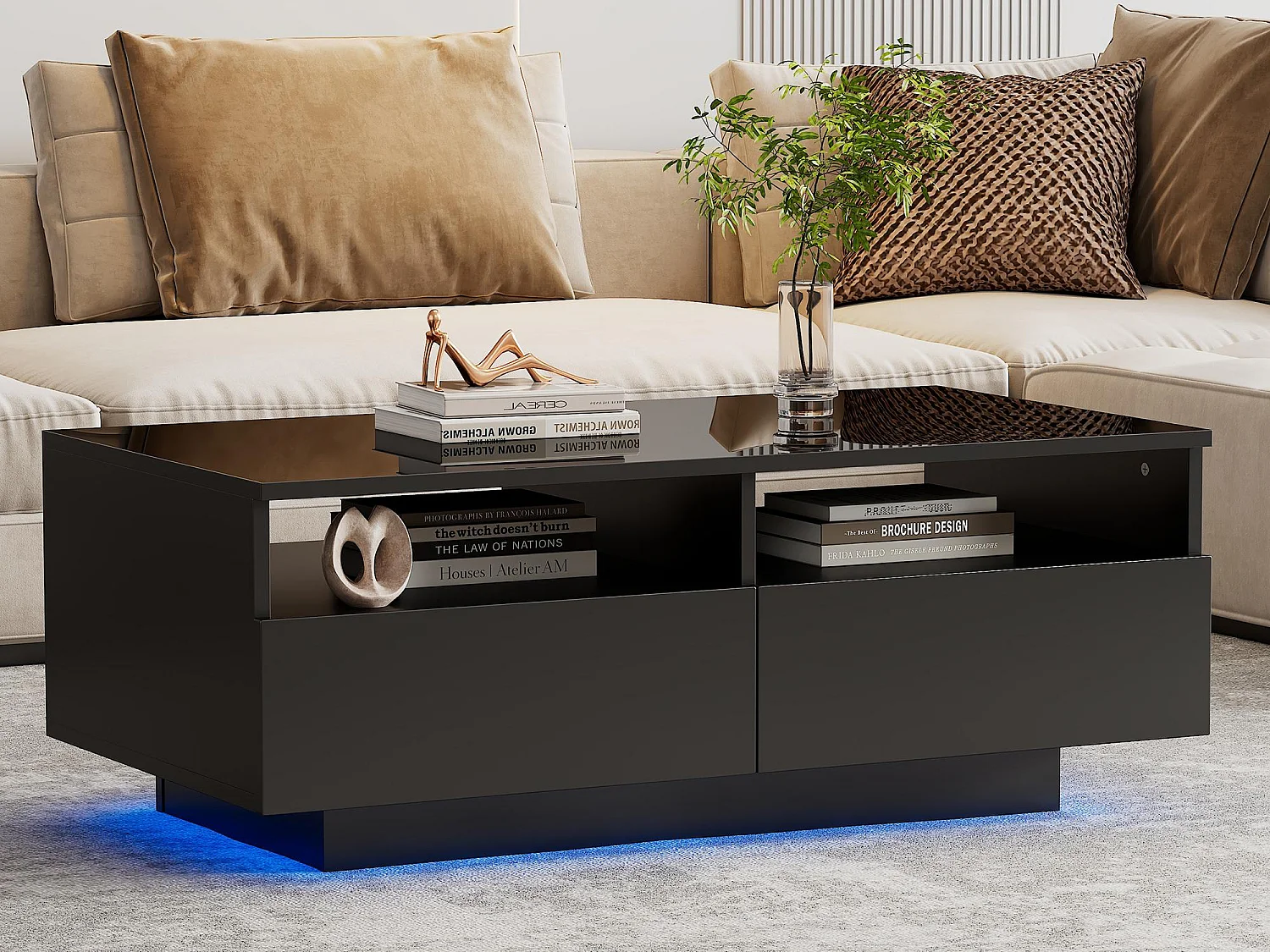 Mesa de centro moderna - com LED regulável e 2 gavetas - Preto