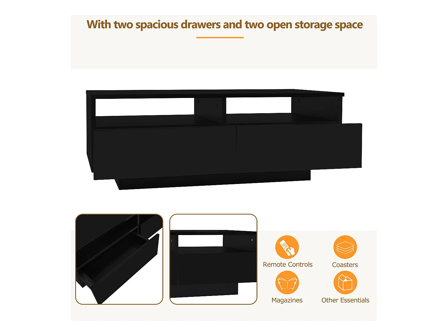 Mesa de centro moderna - com LED regulável e 2 gavetas - Preto