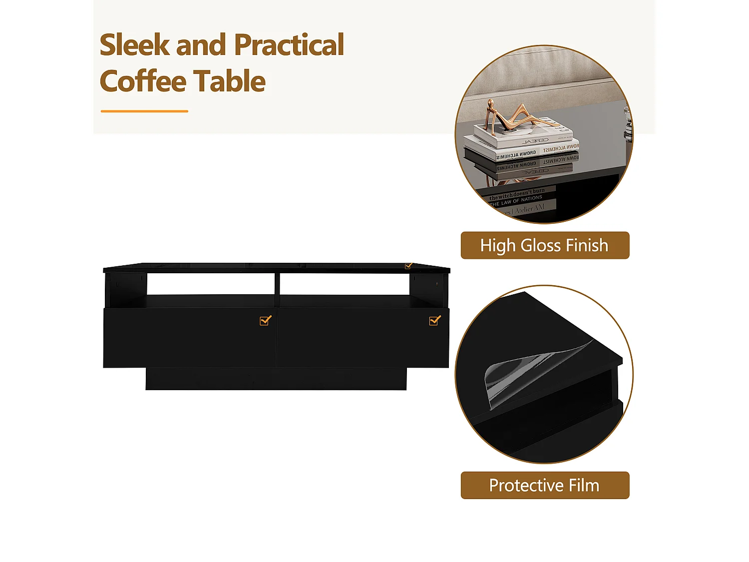 Mesa de centro moderna - com LED regulável e 2 gavetas - Preto