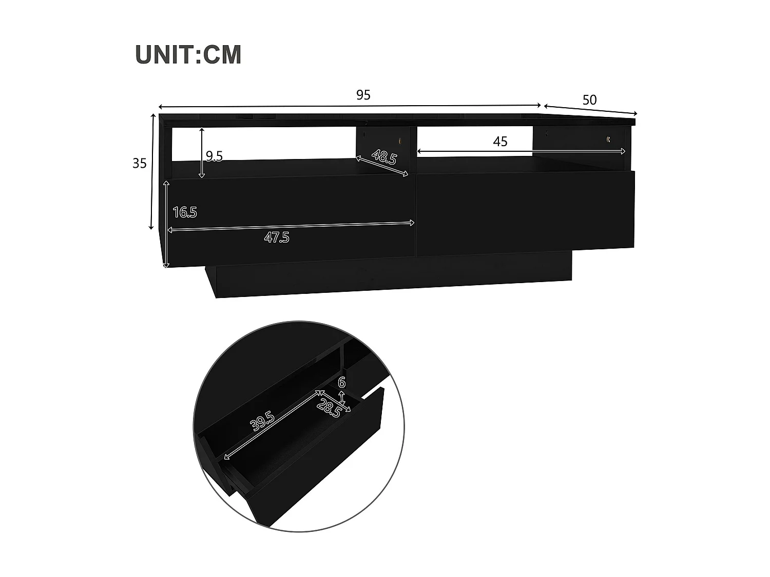 Mesa de centro moderna - com LED regulável e 2 gavetas - Preto