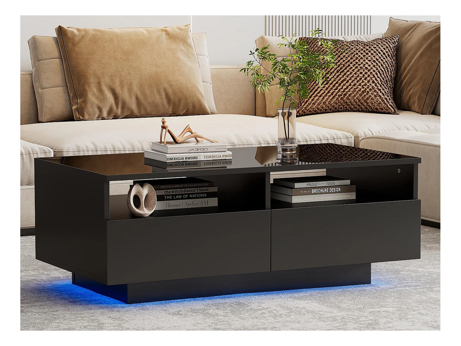 Table basse moderne - avec LED variable et 2 tiroirs - Noir