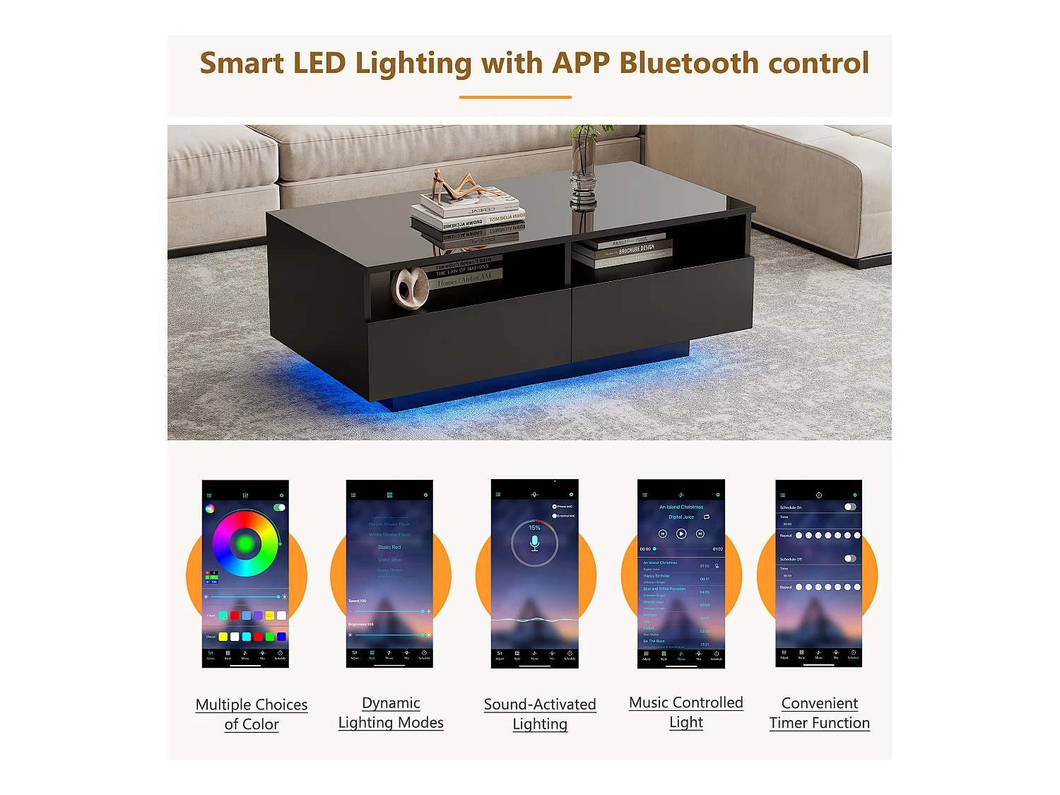 Table basse moderne - avec LED variable et 2 tiroirs - Noir