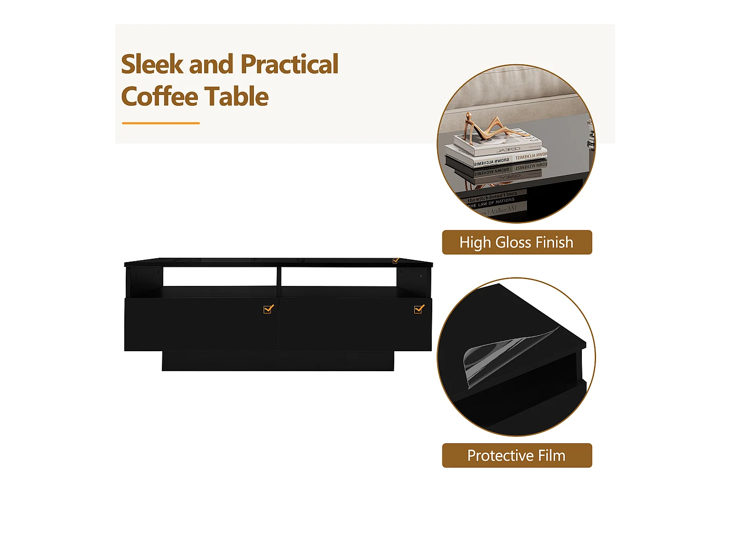 Table basse moderne - avec LED variable et 2 tiroirs - Noir