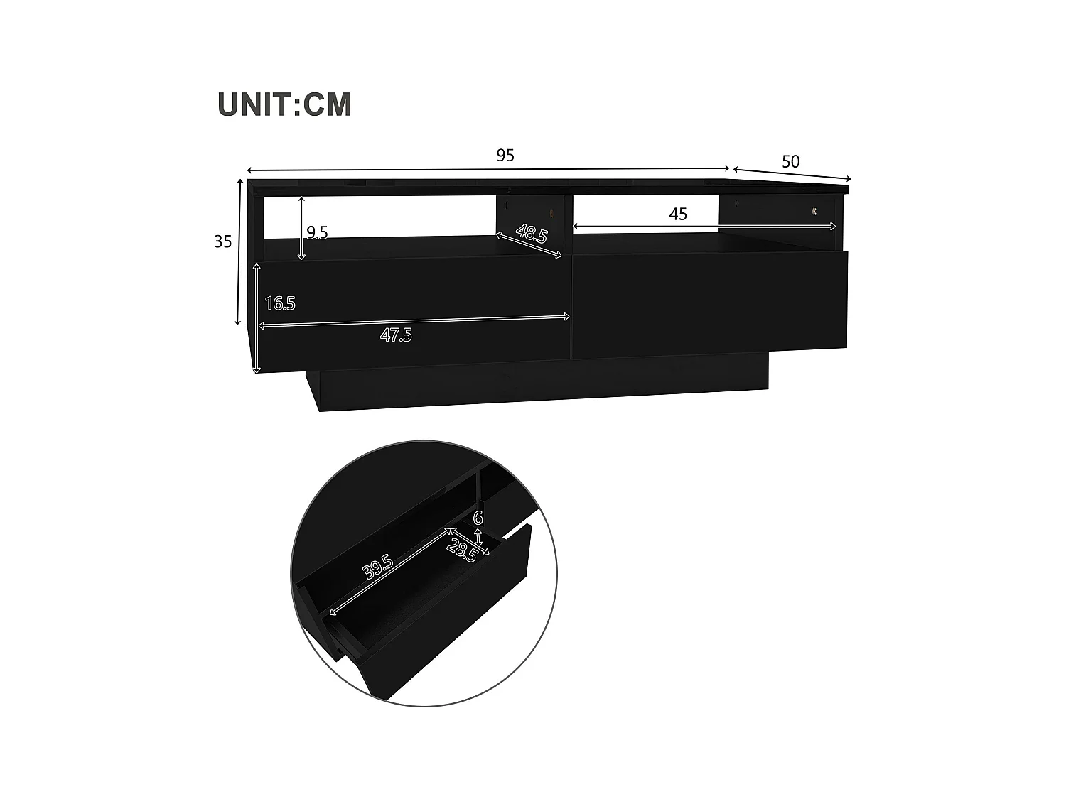 Table basse moderne - avec LED variable et 2 tiroirs - Noir