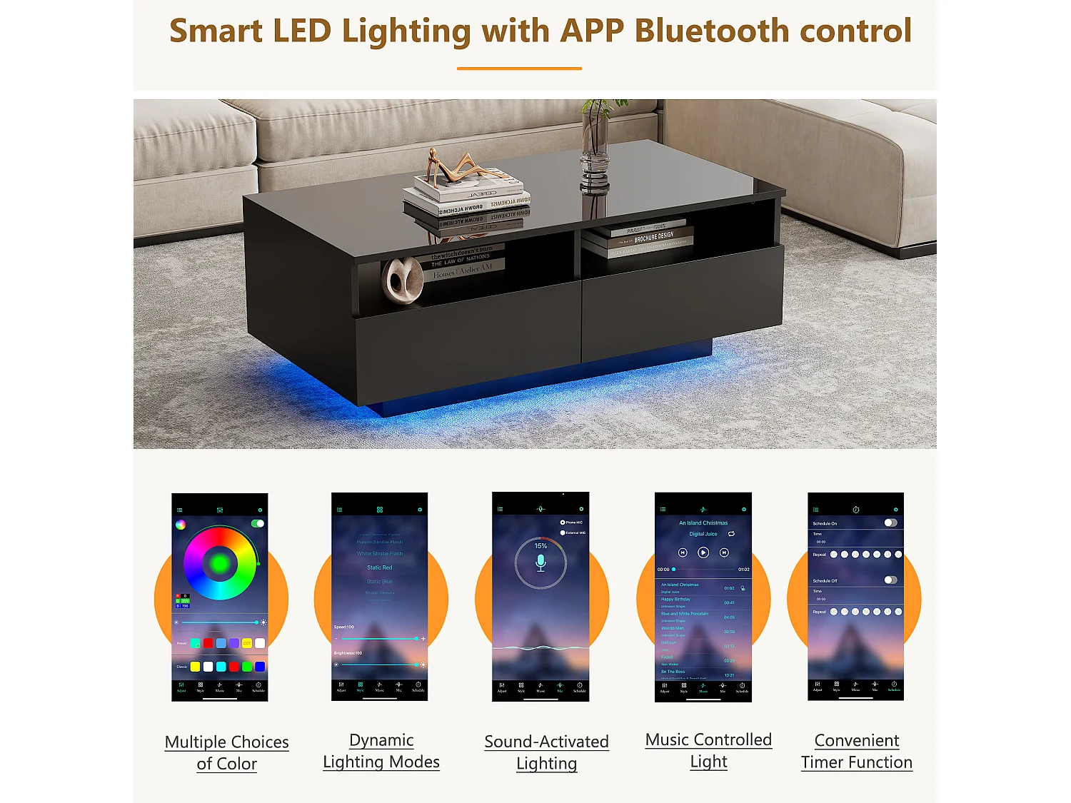 Moderner Couchtisch – mit dimmbarer LED und 2 Schubladen – Schwarz