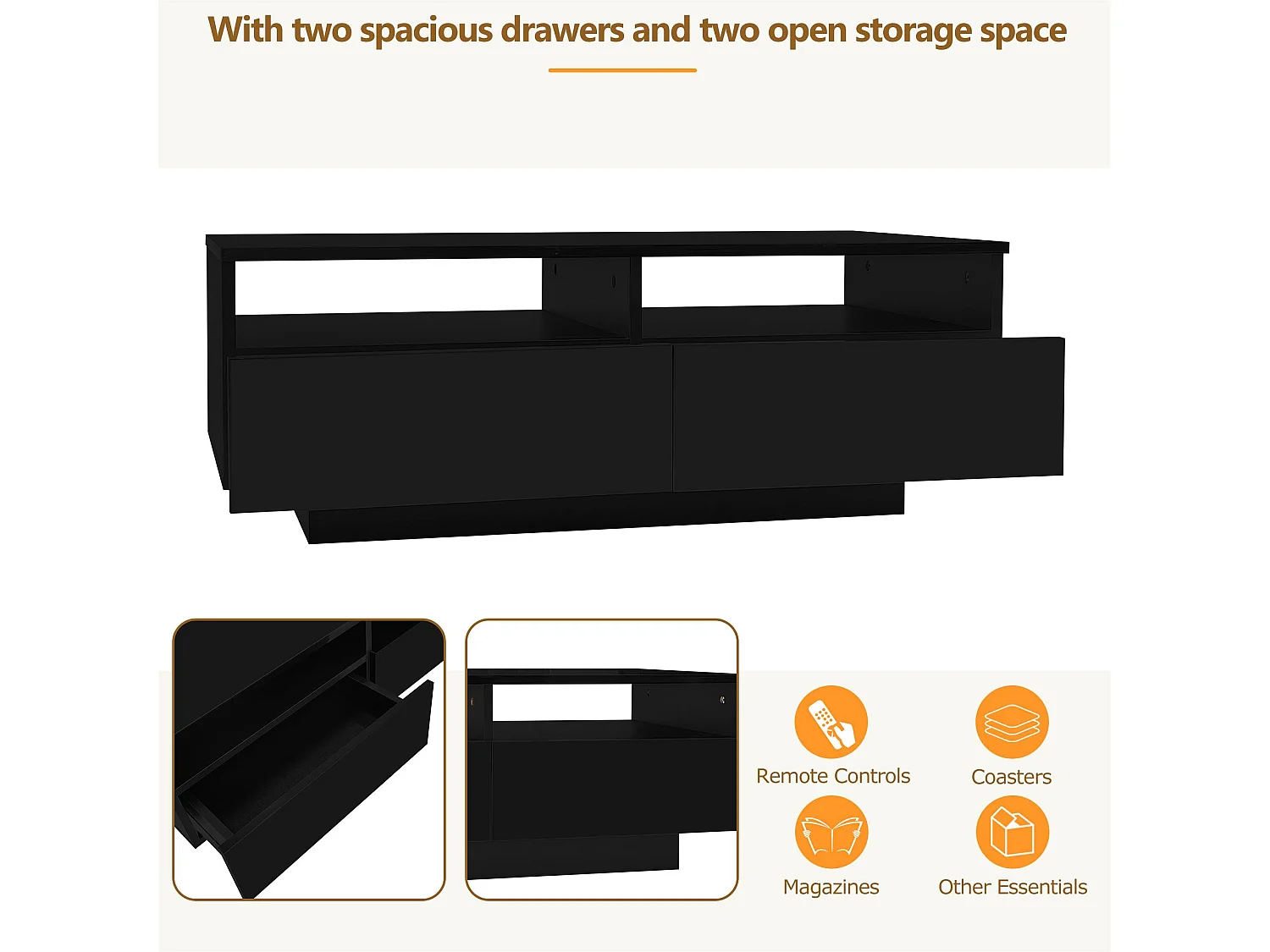 Moderner Couchtisch – mit dimmbarer LED und 2 Schubladen – Schwarz