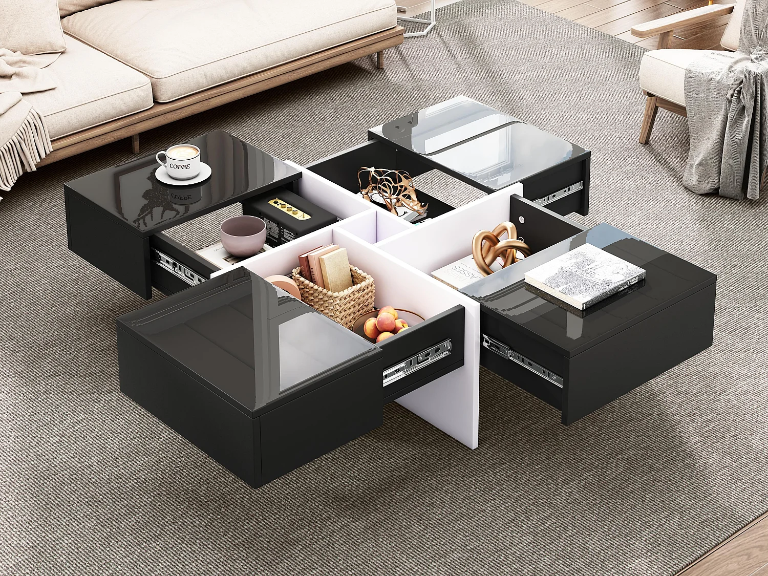 Quadratischer Couchtisch – 4 Schubladen – Spanplatte – Schwarz