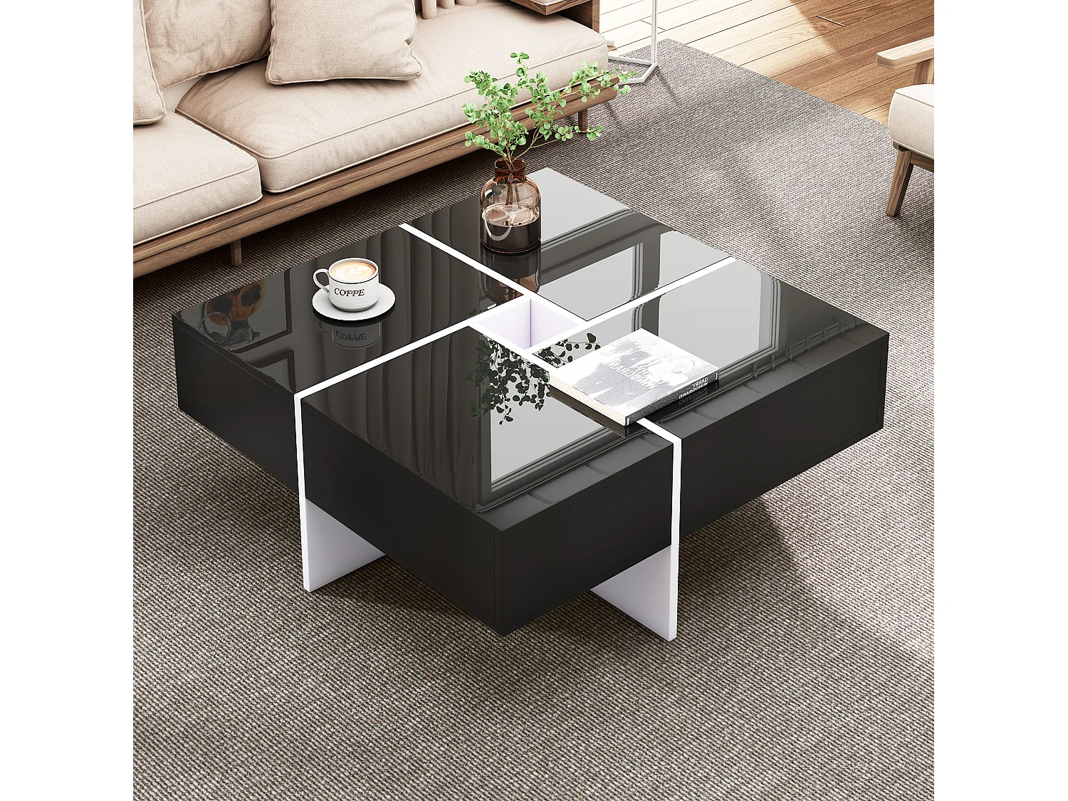 Quadratischer Couchtisch – 4 Schubladen – Spanplatte – Schwarz