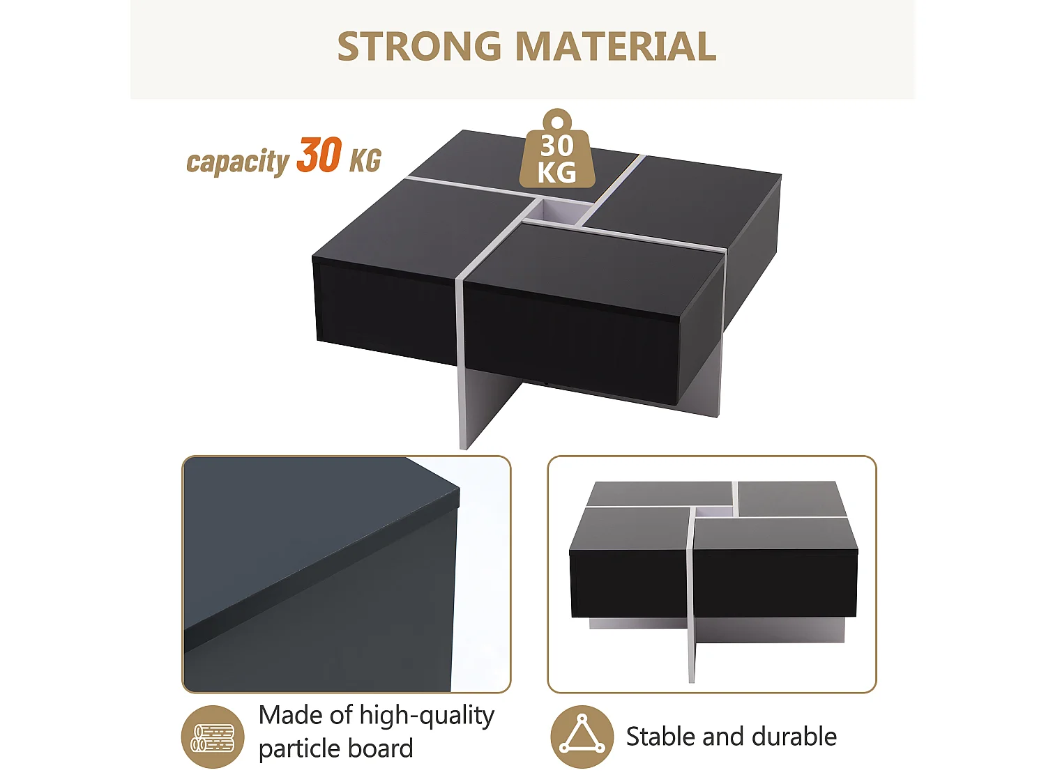Quadratischer Couchtisch – 4 Schubladen – Spanplatte – Schwarz