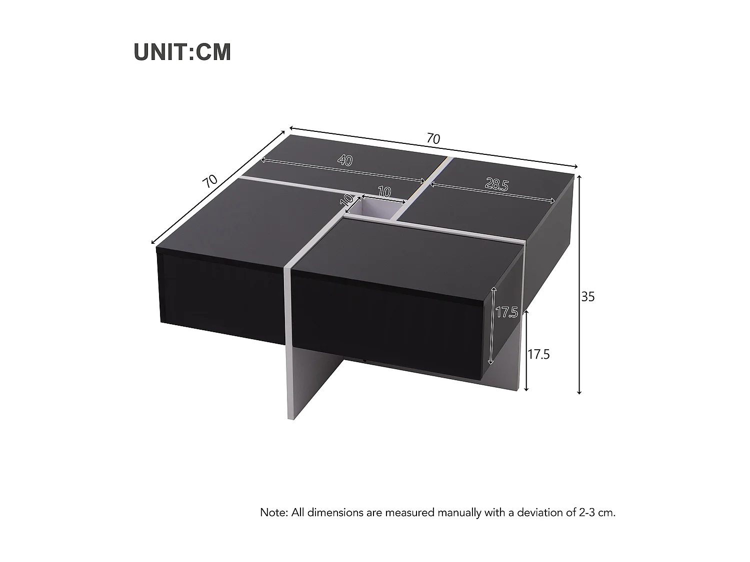 Quadratischer Couchtisch – 4 Schubladen – Spanplatte – Schwarz