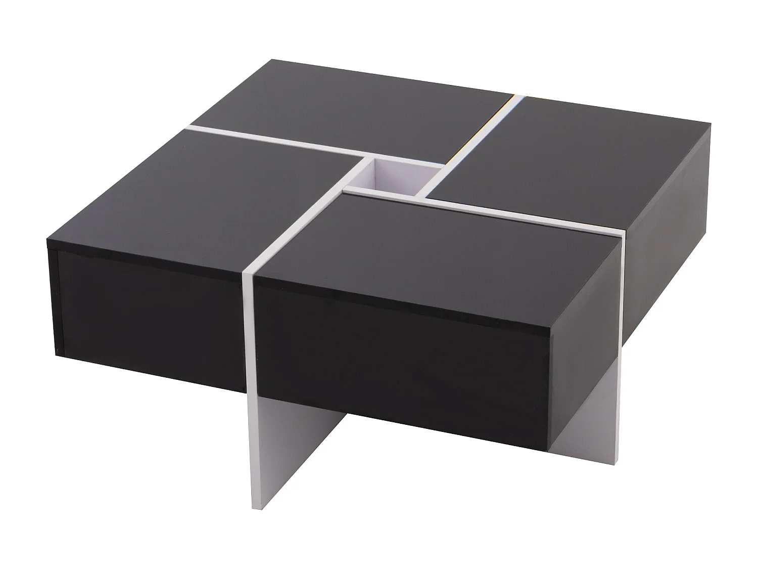 Quadratischer Couchtisch – 4 Schubladen – Spanplatte – Schwarz