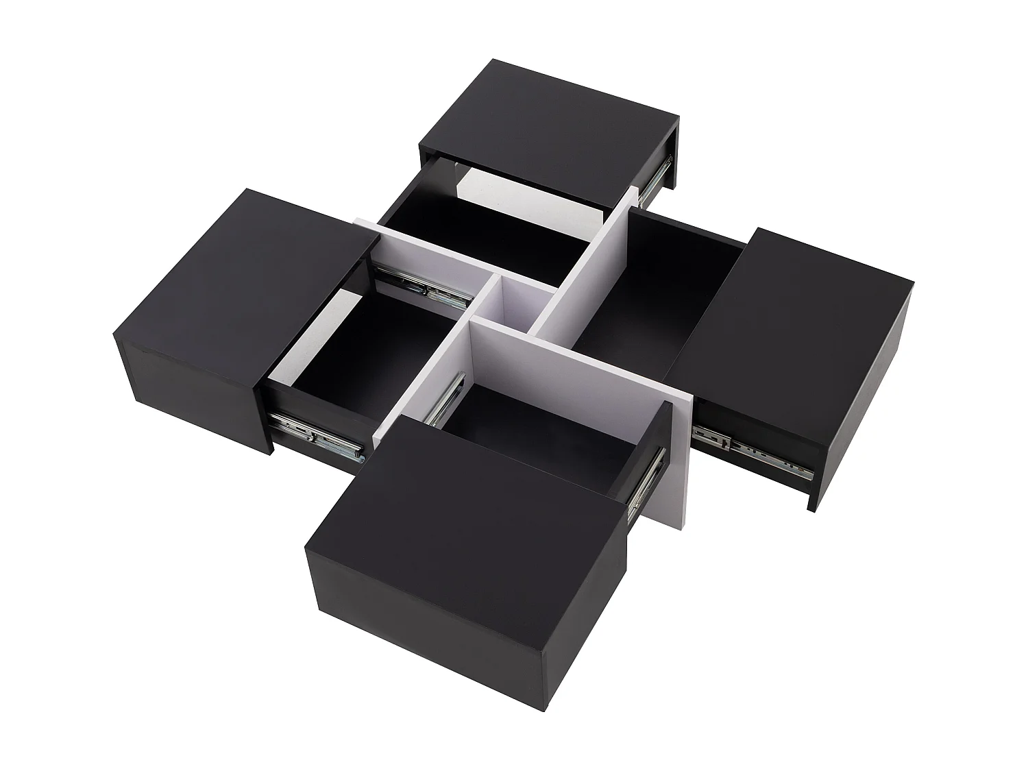 Quadratischer Couchtisch – 4 Schubladen – Spanplatte – Schwarz