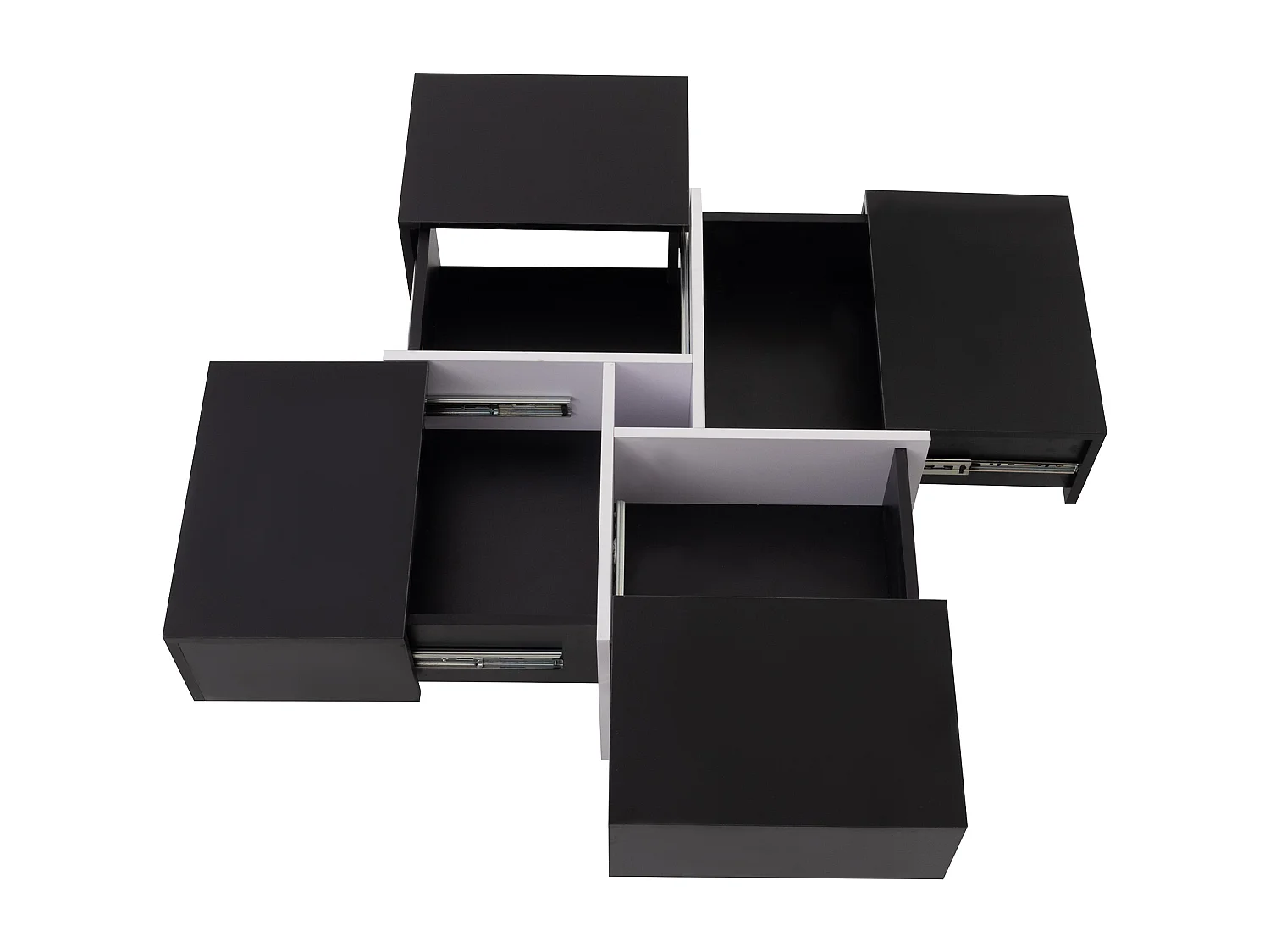 Quadratischer Couchtisch – 4 Schubladen – Spanplatte – Schwarz
