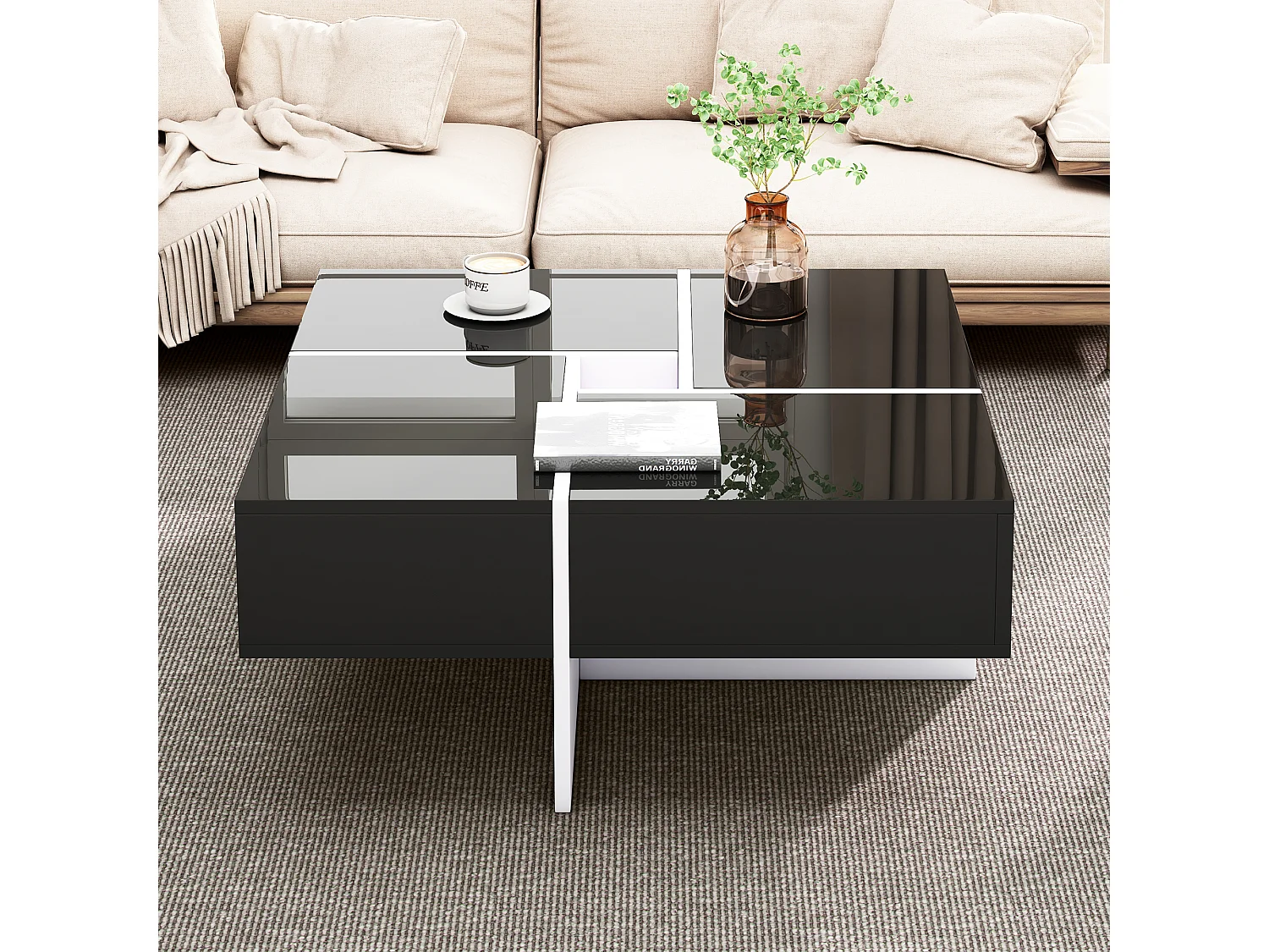 Quadratischer Couchtisch – 4 Schubladen – Spanplatte – Schwarz